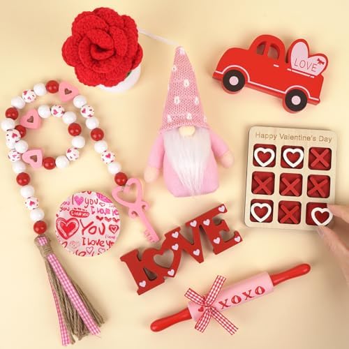 8 PCS Valentine's Day Tiered Tray Decor, Valentine Home Decor for Table,Wooden with LOVE and Car,Handmade Crochet Rose, XOXO Rolling Pin, Gnome, Farmhouse Fireplace Mantle Decor , Home Kitchen Decorations Valentines Day Gift Idea