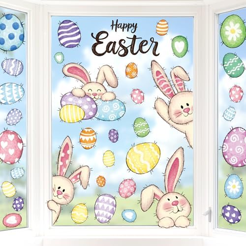 37 PCS Easter Decor, 4 Sheets Easter Window Clings, 9.84 x 13.78 Inch Spring Decorations with Bunnies Eggs Designs, Double-Sided Bunny Stickers for Window Glass Home Office Spring Party Decor