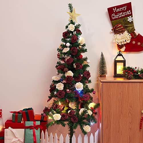 InnoGear Artificial Flowers, 50 Pcs Burgundy Foam Fake Roses Bulk with Stems for Decoration DIY Wedding Bouquets Centerpieces Bridal Shower Party Christmas Tree