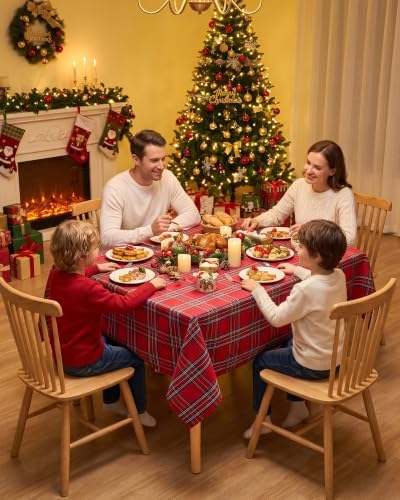 Red Christmas Tablecloth Square, Farmhouse Buffalo Plaid, 54x54 in
