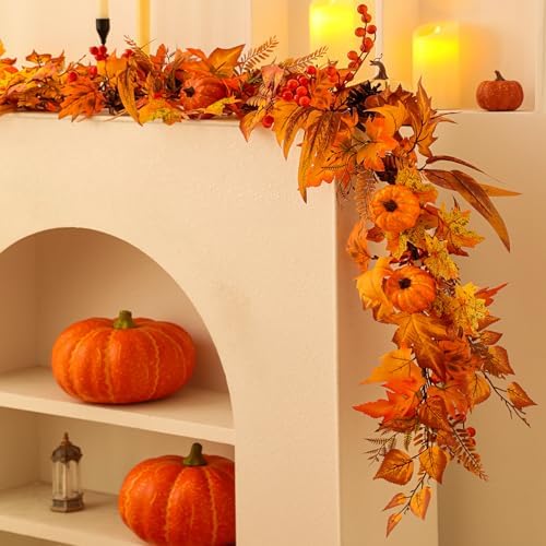 6ft Fall Maple Leaves Garland with Fern, Willow Stems, Berry, Pumpkins, pinecones. Artificial Autumn Harvest Garland for Festivals, Thanksgiving, Halloween, Fireplace Porch Indoor Outdoor Decoration