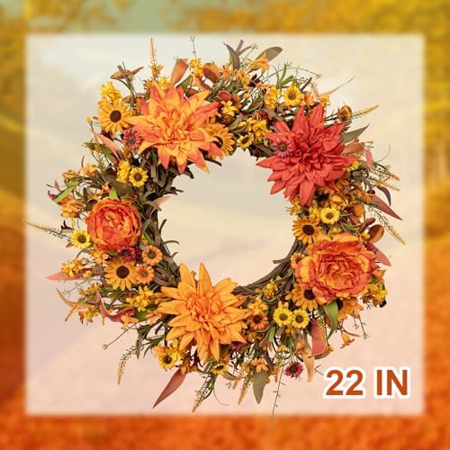 J'FLORU 20” Artificial Fall Wreath Autumn Wreaths for Front Door Thanksgiving Wreath with Peony Dahlia Daisy Flowers for Thanksgiving Day Harvest Festival Wall Porch Indoor Outdoor