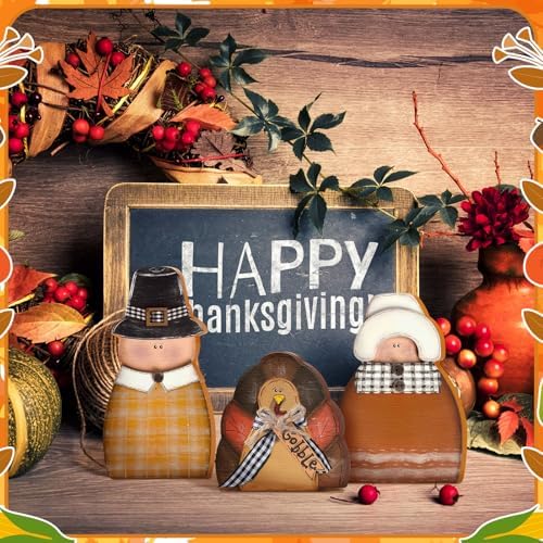 Colingmill 3 Pcs Thanksgiving Table Decor Wooden Turkey Pilgrim Couple