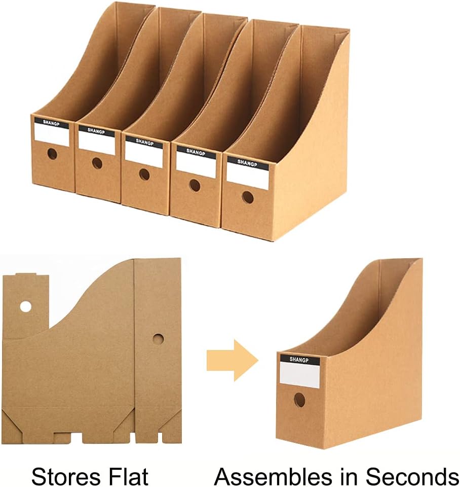 Foldable Desk File Holder Organizer Sturdy Cardboard Magazine Storage Box Document Rack with Blank Label Stickers for
