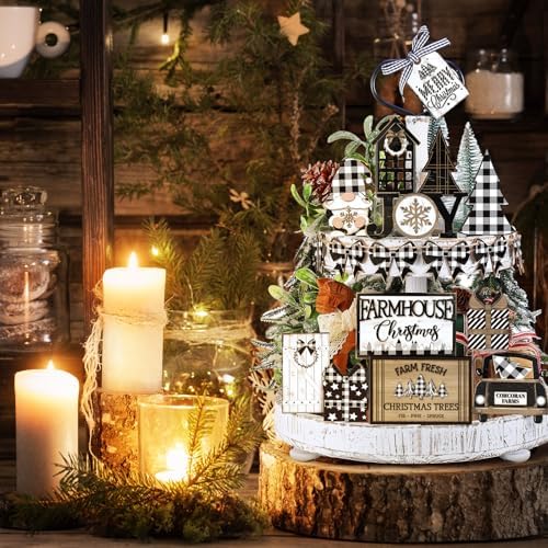 Funnymoom 17 Pcs Christmas Tiered Tray Decor Set Winter Tiered Tray Decor