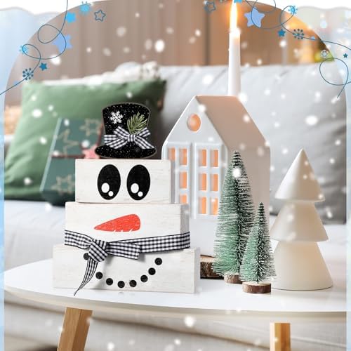 Moucuny 4 Pcs Wooden Snowman Blocks Tiered Tray Decor Farmhouse Table