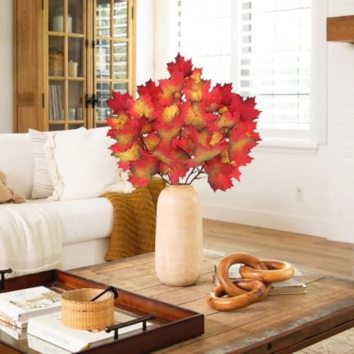 5 Pcs Fake Fall Maple Leaves Stems 19.6” Artificial Autumn Foliage Branches