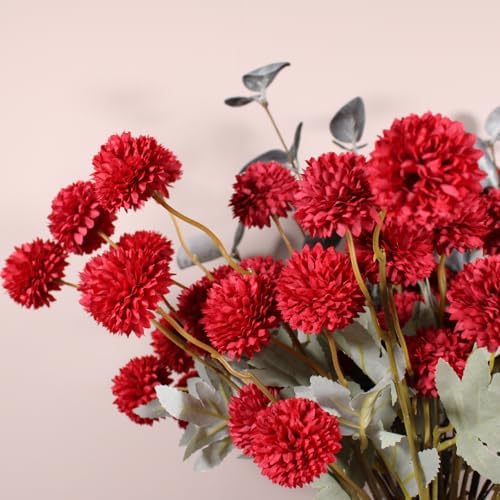 Faux Burgundy Flowers Artificial 10 Long Stems + Eucalyptus, Winter Decor