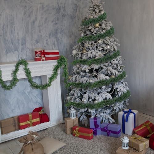 Shappy 90 ft 6 Rolls Christmas Tinsel Garland for Tree, Matte Green
