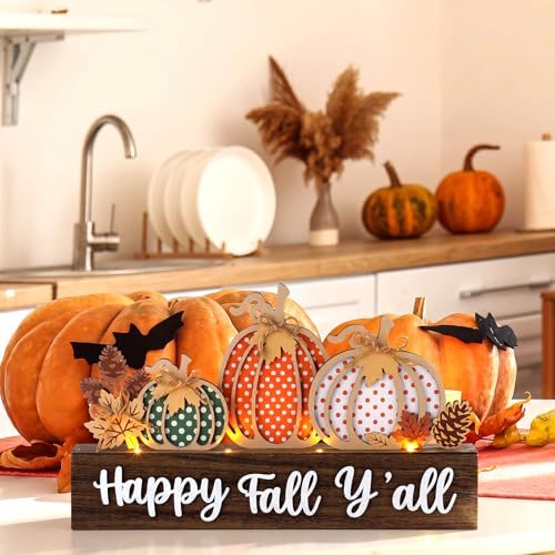 Patelai Fall Pumpkin Decor with LED Lights Orange Pumpkin Table Block Sign Lighted Fall Tiered Tray Decorations Wooden Thanksgiving Table Centerpiece Decor for Farmhouse Harvest Party Home Shelf
