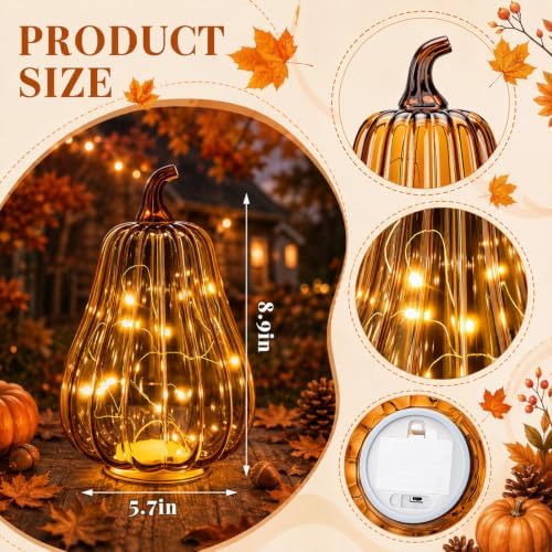 Glooglitter Mercury Glass Pumpkin Light LED Fall Lamp, Gourd, Amber, Middle