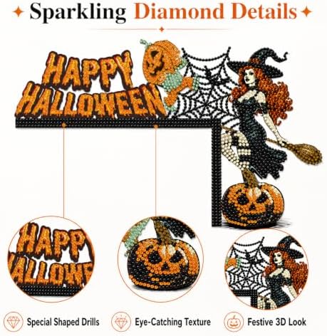 DIY Halloween Witch Pumpkin Diamond Art Wooden Door Corner Decoration, Halloween Frame Sign Kit, Creative Wall Art Mosaic Frame Sign for Home Decor & Gifts