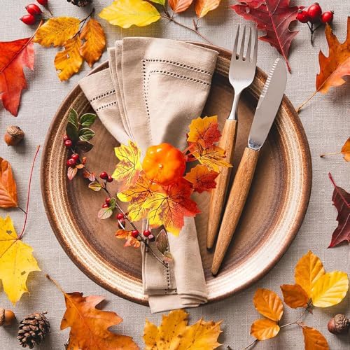 Thanksgiving Napkin Rings Set of 6, Pumpkin Napkin Rings for Holiday Dinner Table Decor, Maple Leaves Napkin Rings for Fall Table Decoration