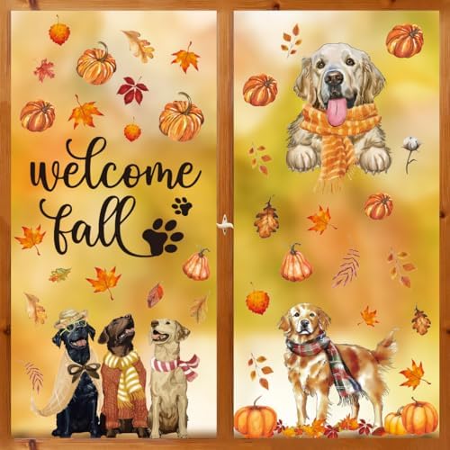 Horaldaily 74Pcs Fall Thanksgiving Window Clings, Dog Pumpkin