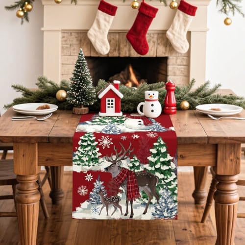 Artscope Reindeer Snowman Christmas Tree Table Runner, Xmas Winter Snowflakes Holiday Kitchen Dining Table Decoration for Christmas Home Party Decor 13x120 Inch-Red
