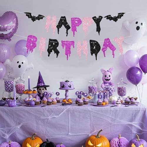 Glitter Pink Purple Black Happy Birthday Halloween Banner - NO DIY - Halloween Hanging Paper Garland Bunting Banner Decorations, Party Supplies for Kids Boy Girl Birthday