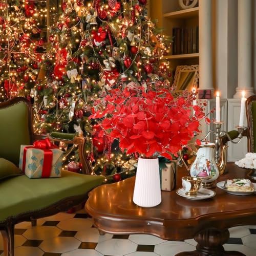 DIYDEC 18Pcs Christmas Artificial Flowers 2 Styles Red Xmas Eucalyptus Stems for Table Centerpieces Faux Eucalyptus Leaves Branches for Christmas Tree Home Party Decoration
