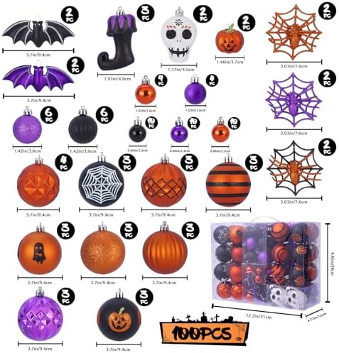 Halloween Ball Ornaments Set, Halloween Tree Decorations, 100 Pack