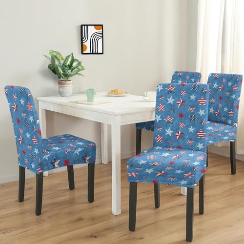 4 Pcs 4th of July American Flag Patriots Stars Dining Chair Covers, Memorial Day Veterans day Independence day Stretch Removable Washable Seat Slipcovers, Labor Day Kitchen Dining Room Hotel Decor