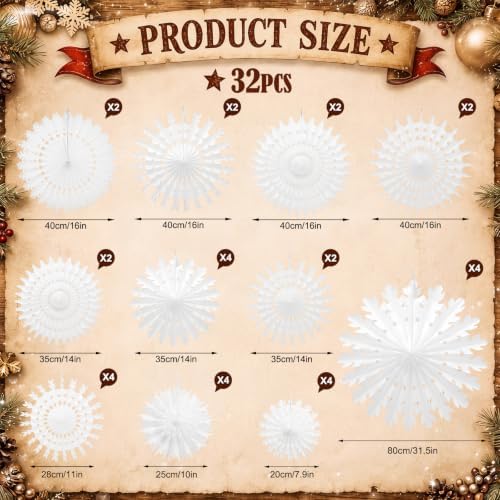 AmazingSpark 32 Pcs 20" Winter White Paper Snowflake Decoration
