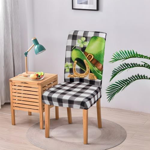 St Patricks Day Chair Covers Set of 6 Shamrock Gnome Dining Chair Seat Cover Stretch Removable Green Chair Slipcover Protector for St Patrick's Dining Room Kitchen Home Decor