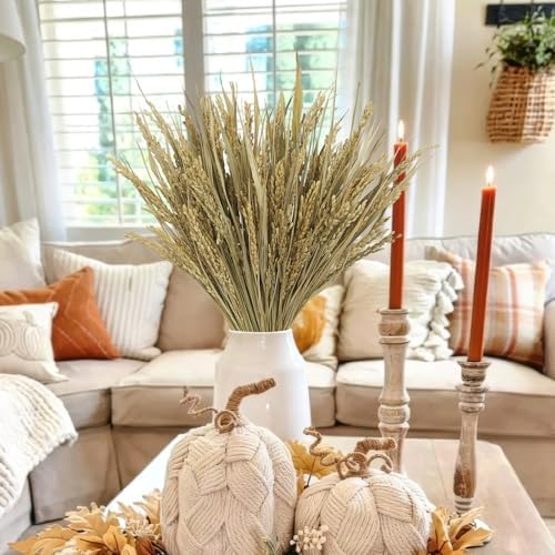 CISDUEO 100pcs Dried Flowers Wheat Stalks 17 Inch Natural Wheat Sheaves Bundle with Leaves Boho Farmhouse Dried Grass Flowers DIY Arrangement for Home Kitchen Wedding Table Centerpiece Party Decor