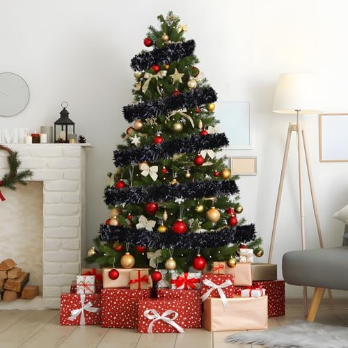 33ft Black Christmas Tinsel Garland,Xmas Metallic Twisted Hanging Garland for Chistmas Tree Fireplace Mantle Home Decoration