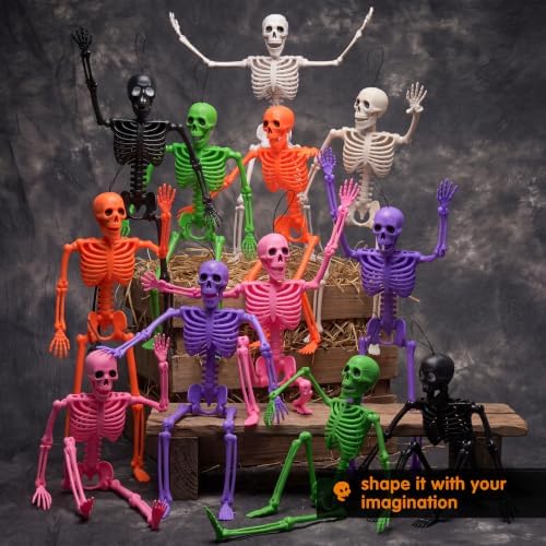 JOYIN 12 PCS Posable Halloween Skeleton Decor 16 Inches, Full Body Posable Joints Hanging Skeletons for Halloween Decorations, Graveyard Props, Haunted House Accessories, Spooky Scene Party Favors