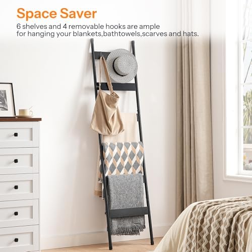HOOBRO Blanket Ladder, 6-Tier Towel Rack with Hooks, Wall-Leaning Blanket Rack, Decorative Display Ladder Shelf