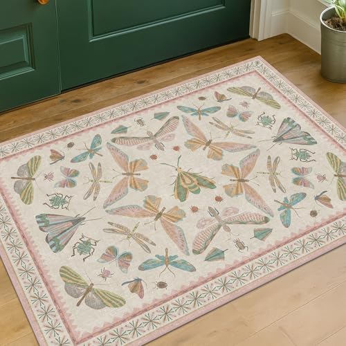 Hazo Haus Light Pink Washable Bathroom Rug - 2x4 Small Kitchen Rugs for Powder Room, Front Door Indoor Entrance, Low