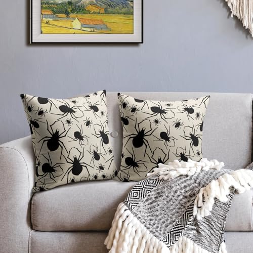 Cream Halloween Pillow Covers 20x20 Set of 2 Black Spider Print Outdoor Decorative Throw Pillows Holiday Scary Themed Farmhouse Pillowcases Linen Cushion Case Decor for Home Sofa Couch Bed