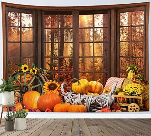 HVEST Fall Tapestry Autumn Maple Tree Forest Scenery outside Window Tapestry for Bedroom, Pumpkin Sunflower Thanksgiving Wall Tapestry for Home Living Room Dorm Holiday Wall Decor, 92.5W X 70.9H
