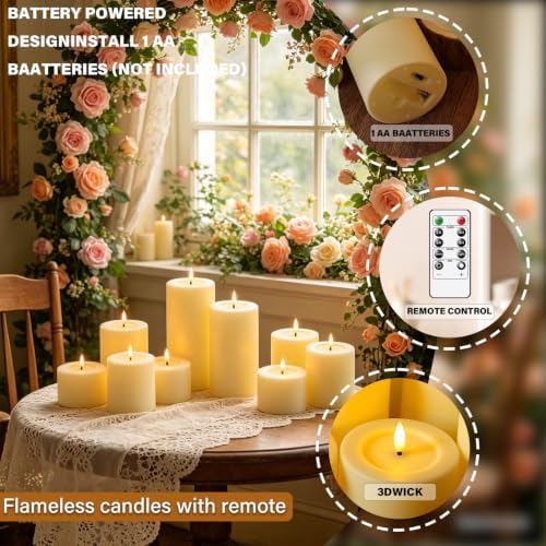 Sasigeiaa Flameless Candles with Remote - 9 Pack Battery Operated LED Fake Candles, Ivory (D3 x H3/4"/5"/6"/7" Assorted) for Festival, Home, Party Decor