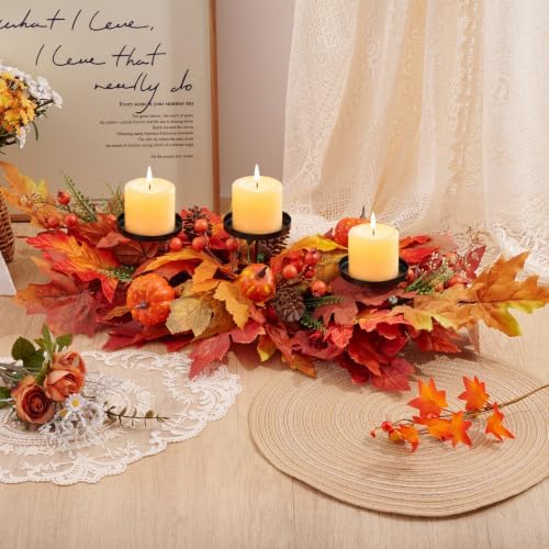27.56" Fall Candle Holder Centerpiece, Thanksgiving Table Decor with Metal Candle Cups Large Foldable Autumn Leaves Pumpkins Candle Holder for Farmhouse Dining Table Mantel Home Party Decor