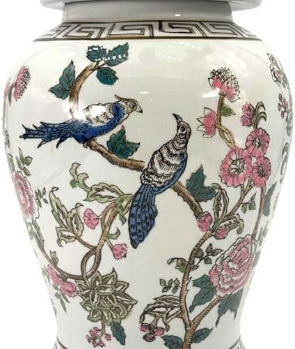 Galt International Partridge Bird Floral Chinoiserie Ceramic Temple Jar 18" w/Lid - Ginger Jar Home & Kitchen Decor for