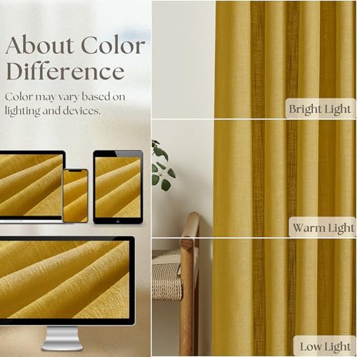 Mustard Yellow Pleated Semi Sheer Linen Curtains 120 Inches Long 2 Panel