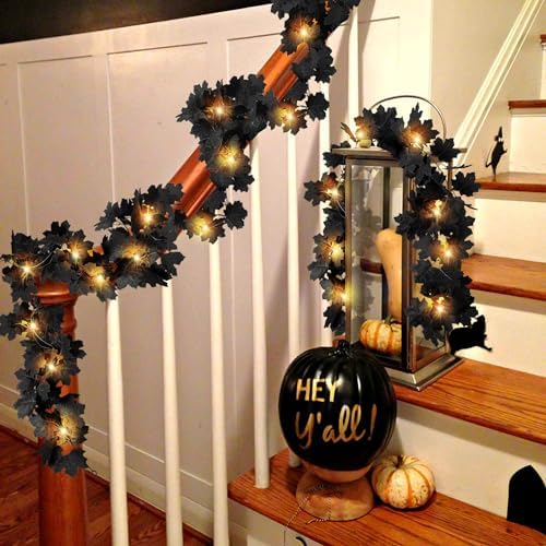 2 Pcs Black Leaf Garland with Yellow Lights, 11.8FT