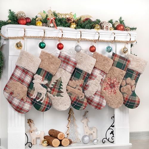 LUBOT New 4 Pack Christmas Stocking 20" Red Green Plush Plaid Mix and Match Classic Rustic Farmhouse Country Cotton Fireplace Hanging Xmas Stockings Decorations for Family Holiday Season Decor