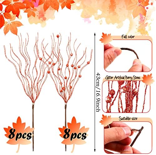 Giegxin 16 Pack 17 Inch Fall Berry Picks Glitter Orange Berry Stems