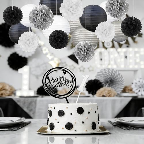18 PCS Black White Silver Paper Lanterns & Tissue Paper Pom Poms for Men's Birthday, Graduation 2026, Wedding, Hanging Paper Decor for Indoor Outdoor Events Theme Party Supplies