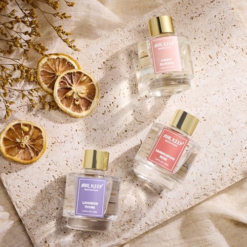 Airkeep Reed Diffuser Set of 3, Lavender Thyme Sandalwood Rose Cherry Blossom Oil Reed Diffusers for Bedroom Living
