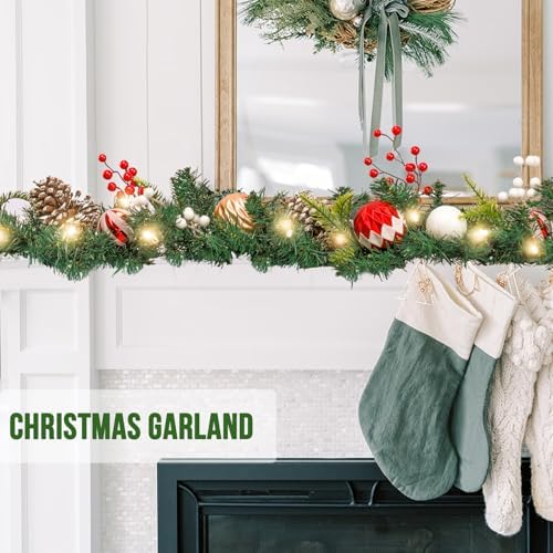 MUMTOP Christmas Garlands Decoration, 6 FT Battery Operated Christmas Garland with LED Light and Pine Cones Red Berries Candy Christmas Ball for Front Door Fireplace Mantel Table Window Home Decor