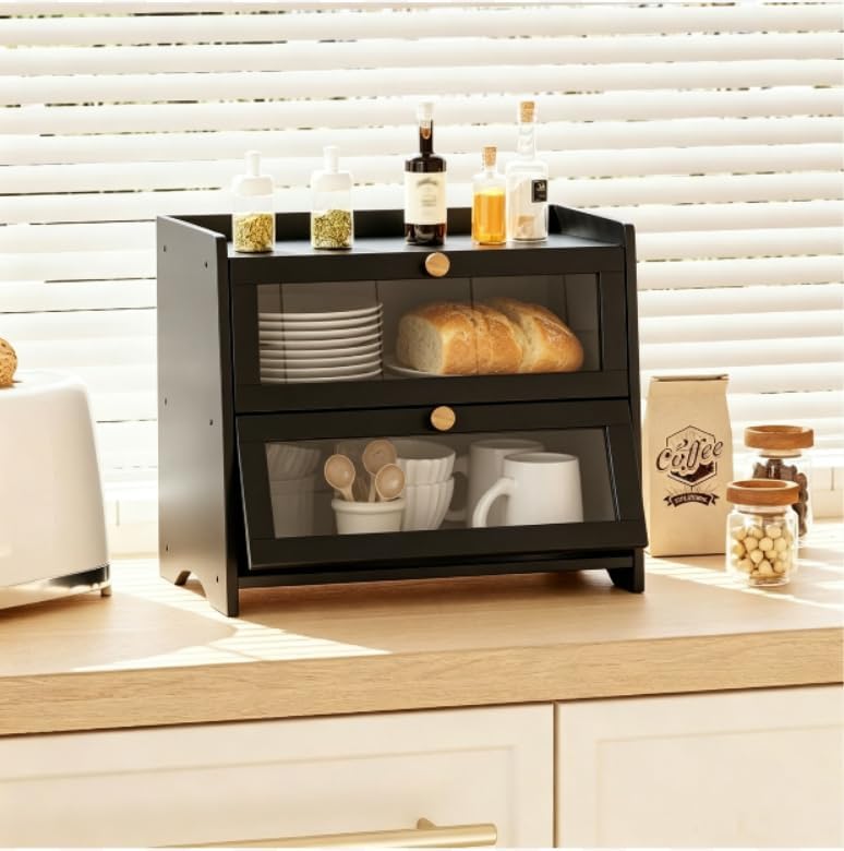 BAMBANG Bread Box for Kitchen Countertop, Extra Large Bamboo Bread Storage Container for Homemade Bread, Double Layer