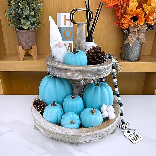 Winlyn 7 Pcs Assorted Artificial Teal Blue Pumpkins Halloween Faux Coastal Decorative Foam Pumpkins for Fall Baby Shower Thanksgiving Halloween Table Centerpiece Shelf Mantel Décor