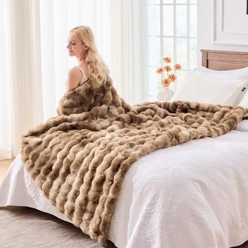 BENVWE Fluffy Faux Fur Throw Blanket for Couch - Soft, Plush, Thick, Cozy, Fuzzy Luxury Minky Bubble Blanket for Home
