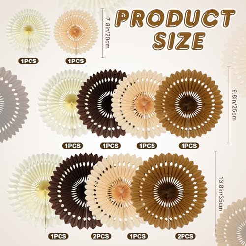 BestoFun 12PCS Paper Fans Brown Neutral Party Decorations Tissue Paper Flowers Boho Paper Fans Party Decorations for Girl Groovy Birthday Baby Shower Wedding Bachelorette Room Wall Hanging Décor
