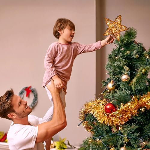 ODEETRONIC 10" Rustic Christmas Star Tree Topper, Rattan Natural Hollow