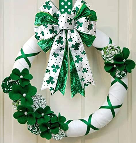 St Patricks Day Bow for Wreath Decorations,11.4 * 19.6in Large White Green Glitter Shamrock Bowknot Irish Holiday Crafts Bows for Tree Topper Front Door Outdoor Outside