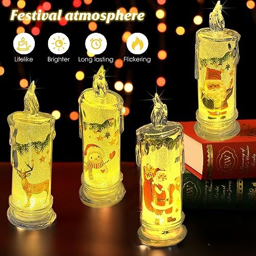 SupBri Christmas Flameless White Candles with Santa Claus, Snowman,Decals Set of 4, Battery Operated Christmas Themed LED Pillar Candles for Festival Christmas Decorations