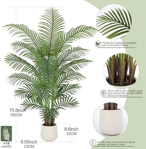 6ft Artificial Palm Tree Tall Faux Palm Tree Indoor Large Fake Plants with 18 Trunks Artificial Plants with White Pot